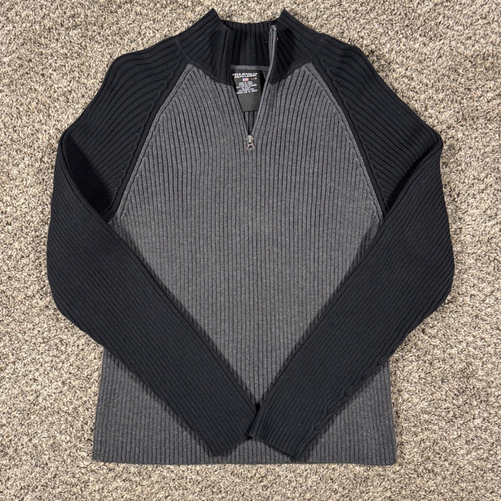 Vintage Polo Jeans Ralph Lauren Grey Black Cotton Quarter Zip Sweater Large